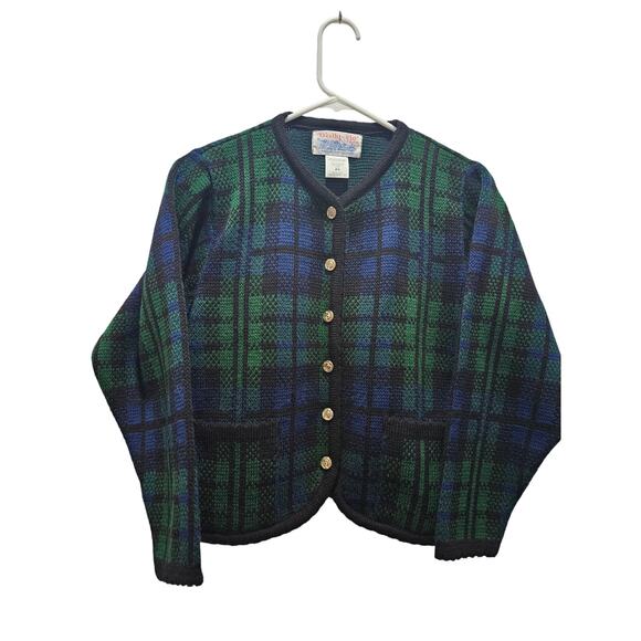 Vintage Tally-Ho Green Blue Plaid Cardigan Sweater Acrylic Size PP S 0-2 - Picture 1 of 15